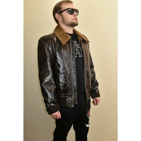 $5K DOLCE GABBANA BROWN CRACKED LEATHER BOMBER SHEARLING ZIP JACKET 54 / US 44 - Picture 1 of 12